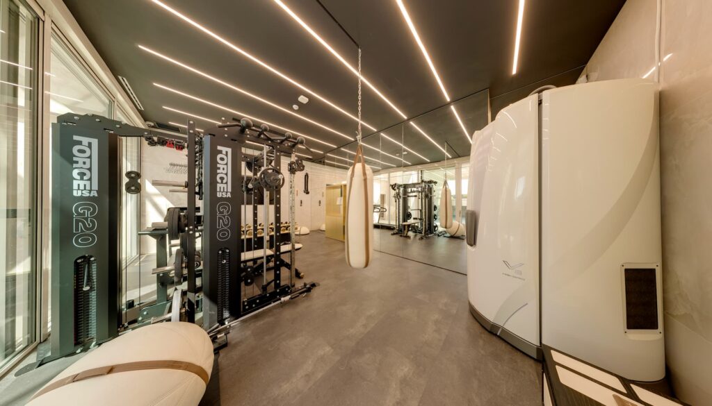 Fitness vo vile s posilňovacou vežou, boxovacím vrecom a vertikálnym soláriom