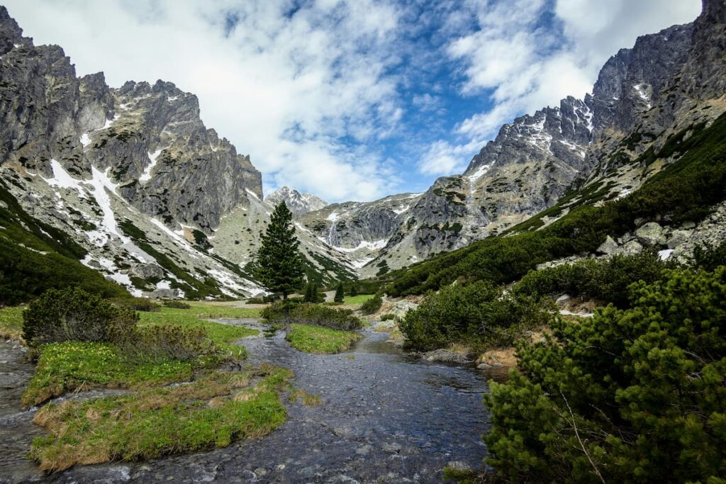 Zelená horská dolina s potokom, turistika v okolí vily