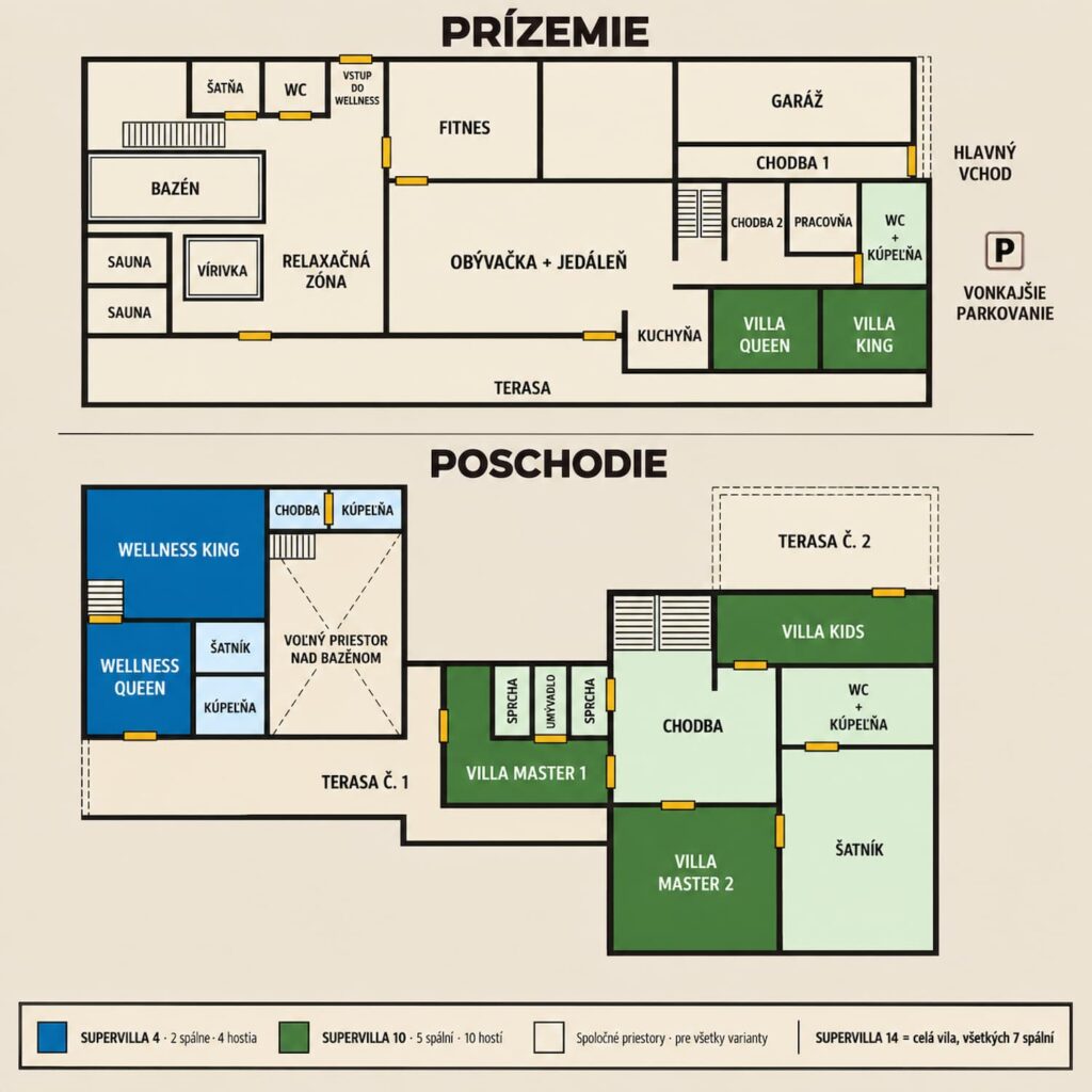 Pôdorys vily: prízemie a poschodie s vyznačením spální Supervilla 4 a Supervilla 10